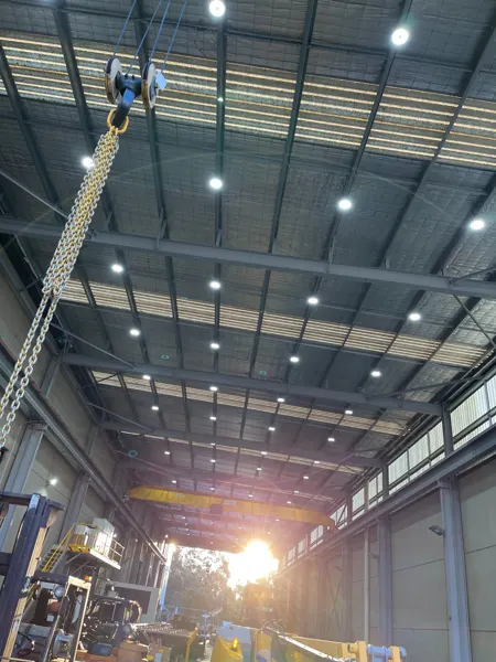 High-bay lighting across an industrial building ceiling in Silverwater